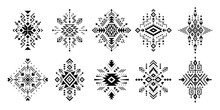 Aztec Vector Elements. Set Of Ethnic Ornaments. Tribal Design, Geometric Symbols For Border, Frame, Tattoo, Logo, Cards, Decorative Works. Navajo Motifs, Isolated On Black Background.