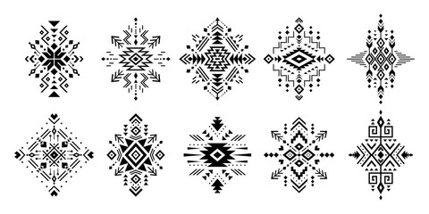 Aztec vector elements. Set of ethnic ornaments. Tribal design, geometric symbols for border, frame, tattoo, logo, cards, decorative works. Navajo motifs, isolated on black background.