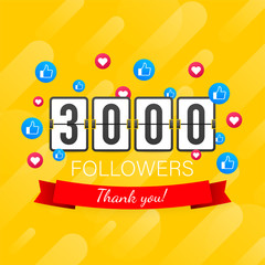 Poster - 3000 followers, Thank You, social sites post. Thank you followers congratulation card. Vector stock illustration
