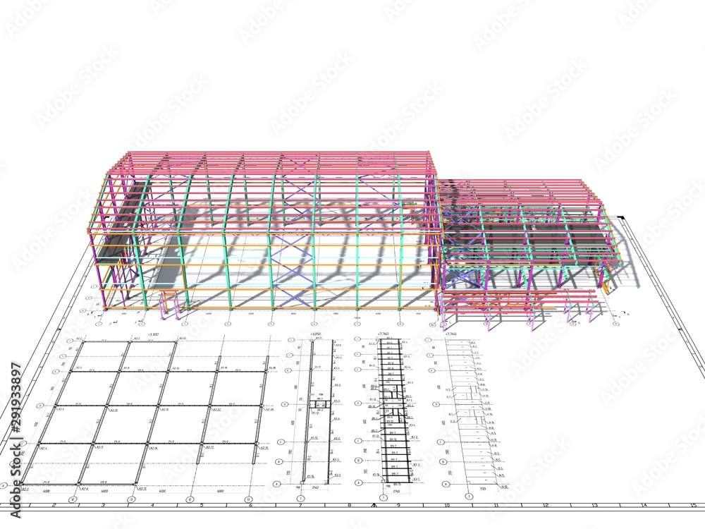 BIM building model of columns, beams, ties, girders. The metal ...