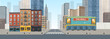 Panorama city building houses with shops: boutique, cafe, bookstore, mall .Vector illustration in flat style.