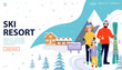 © CoCoArt_Ua - Ski resort web page concept with wooden house and happy family with snowboards and skis on snowy landscape. Family standing and holding sport equipment. Welcome to ski resort. Vector illustration.