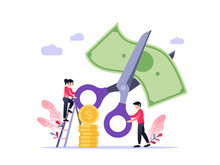 Small People With Scissors Cutting Dollar Together. Vector Flat Illustration Of Rate Cut. Financial Concept.