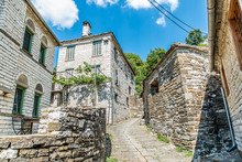 Traditional Alley In Mikro Papingo Village In Ioannina During Summer, Greece