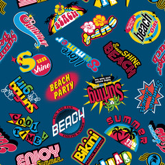 Wall Mural - Vintage American sixties summer beach and surfing labels collection vector seamless pattern