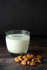 Wall Mural - Almond milk - alternative to clasic milk. A glass with almond milk and almond nuts. Dark food photo with copy space. Healthy, vegan milk.