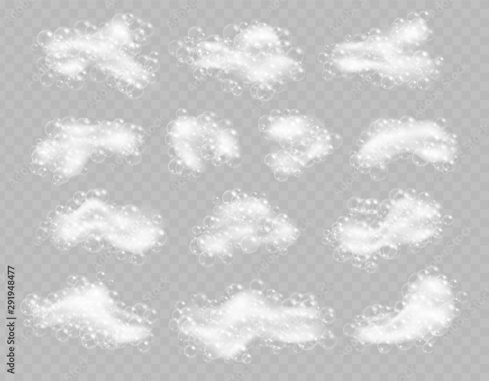 Soap foam with bubbles isolated on transparent background. Sparkling shampoo and bath lather vector illustration. - obrazy, fototapety, plakaty 
