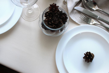 white plate on a christmas table with fir cones. Christmas table setting in bright colors.