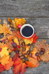 Wall Mural - Autumn Background with tea cup and colourful leaves over wooden board. Thanksgiving wooden table with bright autumn leaves, cones, acorns. Autumn season concept, fall backdrop. copy space