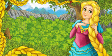 Cartoon Scene With Mountains Valley Near The Forest And Young Princess Illustration For Children