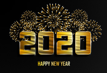 Wall Mural - Happy New Year and Merry Christmas. 2020 New Year golden background with fireworks. Vector illustration.