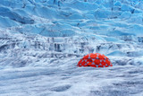Fototapeta Boho - Red tent on the glacier. Excursion by helicopter in Juneau, Alaska. Extended glacier trek is hiking and ice climbing. Camp is located on top of the mountain. Life changing experience. 
