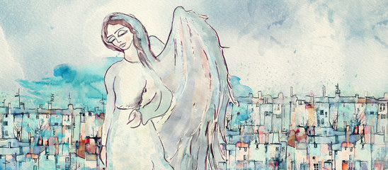 Wall Mural - Guardian angel. Watercolor christian banner