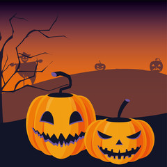 Wall Mural - pumpkins with fear face in scene of halloween