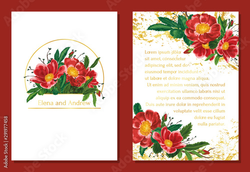 Template Wedding Invitation Greeting Card Imitation Of Watercolor Floral Design Flowers And Buds Of Red Rose Hips Twigs Leaves Gold Inserts White Background Buy This Stock Vector And Explore Similar Vectors