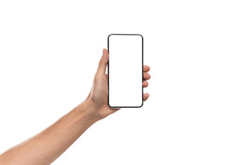 Fototapete - Man's hand holding cellphone with big blank screen