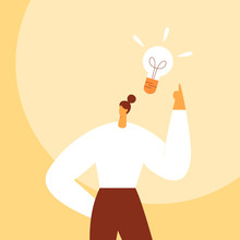 Light Bulb Over The Woman Head. Business Concept Of Creating New Good Ideas Or Thoughts. Cartoon Female Character, Businessman. Flat Vector Illustration. Use In Web Projects And Applications.