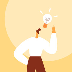 Poster - Light bulb over the woman head. Business concept of creating new good ideas or thoughts. Cartoon female character, businessman. Flat vector illustration. Use in web projects and applications.