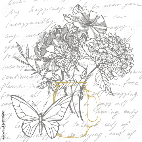 Bouquet. Spring Flowers and twigs. Peonies, Hydrangea, Rose. Vintage botanica...