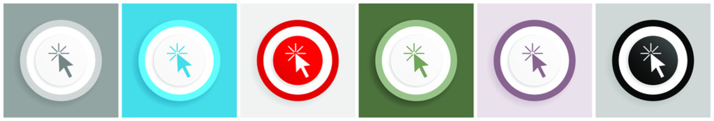 Leinwandbilder - Click here icon set, colorful flat design vector illustrations in 6 options for web design and mobile applications