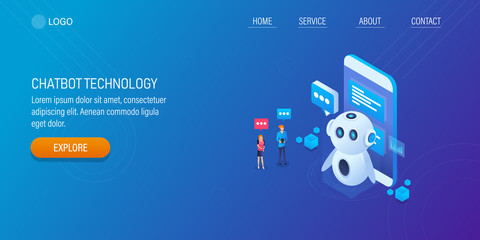 Wall Mural - people interacting with chatbot, 3d isometric design concept of chatbot technology, web banner templ