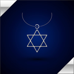 Silver Star of David necklace on chain icon isolated on dark blue background. Jewish religion symbol. Symbol of Israel. Jewellery and accessory. Vector Illustration