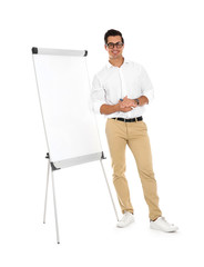 Wall Mural - Professional business trainer near flip chart on white background