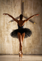 Wall Mural - Young beautiful ballerina in black ballet tutu posing in dark studio