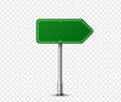 © boxerx - Realistic arrow traffic sign on metal steel pole isolated. Green road panel mockup - direction highway, board text, city location, street arrow, stop, danger, warning signage. Vector illustration