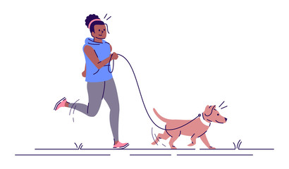 Wall Mural - Jogging woman with dog flat vector illustration. Fitness, sport activity. Attractive african american girl running with pet isolated cartoon characters with outline elements on white background