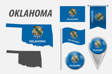 Canvas Print - OKLAHOMA. Set of national infographics elements with various flags, detailed maps, pointer, button and different shapes badges. Patriotic 3d symbols for Sport, Patriotic, Travel, Design, Template