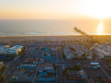 Huntington Beach Ocean Pier At Sunset Drone Landscape Views