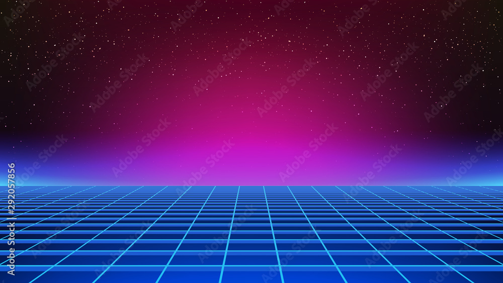 Synthwave background. Retro futuristic backdrop with perspective grid. Pink and blue glow in distance. Geometric template. 80s style illustration with horizon line and stars in the virtual sky - obrazy, fototapety, plakaty 