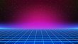 Synthwave background. Retro futuristic backdrop with perspective grid. Pink and blue glow in distance. Geometric template. 80s style illustration with horizon line and stars in the virtual sky