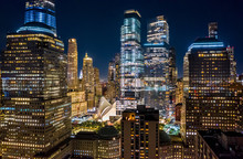 Aerial Drone View Of New York Skyscrapers At Night In Lower Manhattan