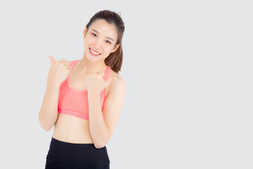 Beautiful portrait young asian woman in sport clothes with satisfied and confident isolated on white background, asia girl cheerful have shape and wellness, exercise for fit with health concept.