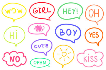 Set of different colorful speech bubbles. Hand drawn frames. Line art. Colorful illustration