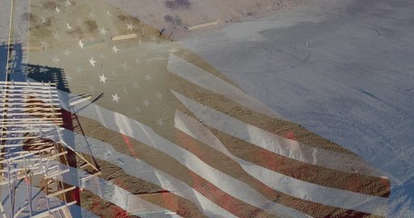 Wall Mural - 4k Ghosted American Flag Waving With Drone Aerial View of New Home Construction Site Background