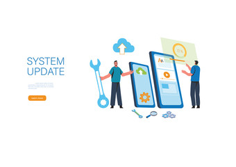 Wall Mural - system updates with people updating operation in computing and installation programs. flat vector il
