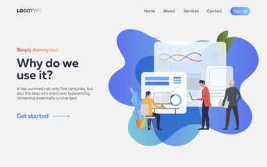 Workers studying infographics landing page. Laptop, screen, diagrams. Efficiency concept. Vector illustration can be used for topics like business, work, time management