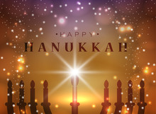 Vector Illustration. Happy Hanukkah Typography Vector Design For Greeting Cards And Poster Design Template Celebration. . Beautiful Hanukkah Background, Blurred Festive Lights.