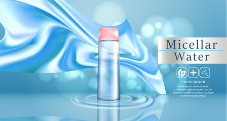 Wall Mural - Micellar water for makeup cleaning 3d realistic vector advertising banner, poster. Cosmetic product bottle. Package design.