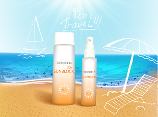 Wall Mural - Vector illustration. 3d bottles with sun protection cosmetic products on tropic beach with hand draw doodle element. Sunblock cream and tanning oil spray bottle. Template, for magazine or ads