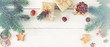 © irenastar - Christmas background banner with fir twigs, gifts, red berries, cones, sinnamon sticks and Xmas decor on white wooden background top view. vintage toned. Copy space