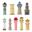 Set of old castle towers. Vector illustration on a white background.
