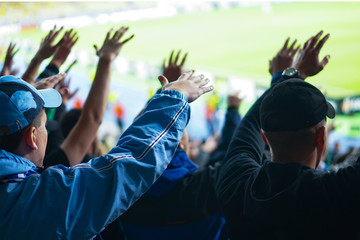 Wall Mural - Football- soccer fans support their team and celebrate goal in full stadium with open air.