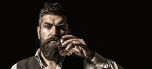 Rich Man With A Holding Glass Whiskey. Attractive Man With A Whiskey. Stylish Handsome Male In Suit Drink From Glass Brandy, Cognac. Portrait Of A Handsome Bearded In Elegant Tuxedo, Drink Cognac.