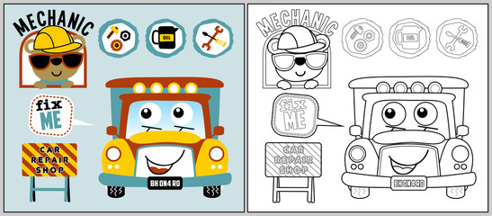 Sticker - car with funny mechanic cartoon, coloring book or page