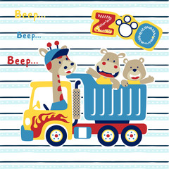 Wall Mural - funny animals  cartoon on truck, giraffe, hippo, bear.