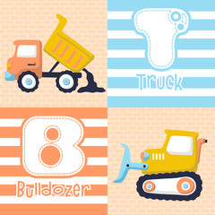 Wall Mural - construction vehicles cartoon on bricks background with its initials letter